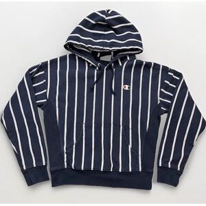 Champion Pullover Navy White Striped Reverse Weave Hoodie Chic - Sz M